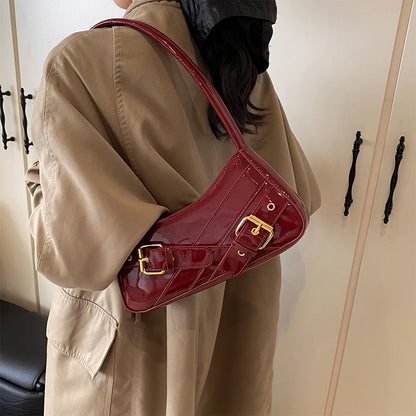 MOJOYCE Small Belt Design Glossy Patent Leather Shoulder Bags Women Luxury Brand Tote Handbag Y2K Underarm Bag with Inner Pocket