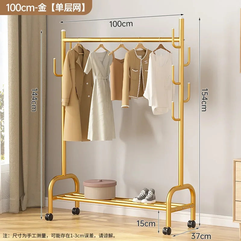Aesthetic Golden Clothes Rack Metal Balcony Nordic Wheels Clothes Rack Floor Bedroom Burro Ropa Perchero Hallway Furniture