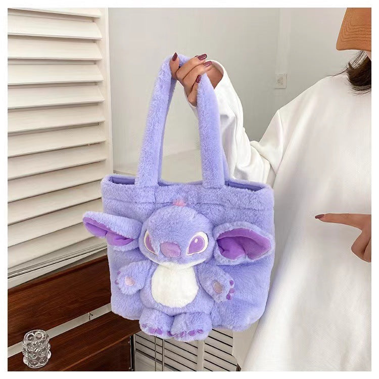 Disney 2025 New Cartoon Plush Doll Shoulder Bag Sweet and Cute Stitch Strawberry Bear Soft Cute Girls Handbag