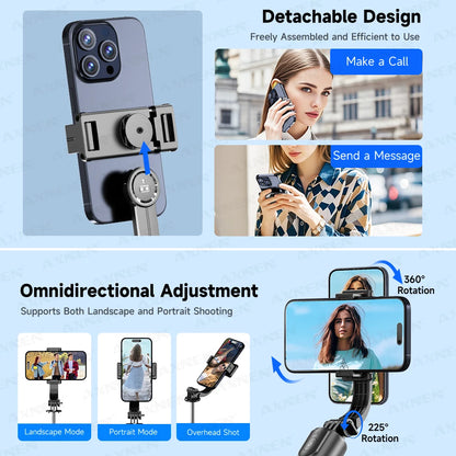 F15 Selfie Stick Tripod with Bluetooth Remote, 6-Section Extendable Pole, 360° Rotation, Fill Light Option, for Phone Vlog