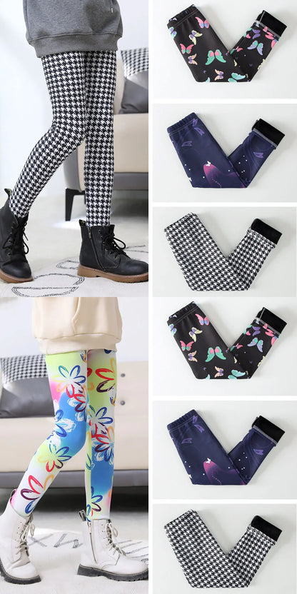 Girls Winter Leggings - Warm Plush Thickened Butterfly Print Pants for Kids