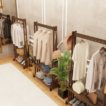 Hall Tree Hat and Coat Stand Entryway Hallway Clothes Rail Rack, 2 Shoe Shelves with Wheels, Open Wardrobe