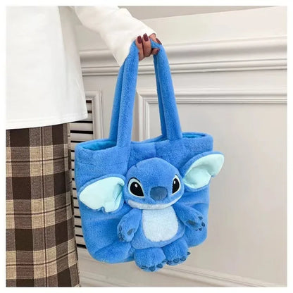 Disney 2025 New Cartoon Plush Doll Shoulder Bag Sweet and Cute Stitch Strawberry Bear Soft Cute Girls Handbag