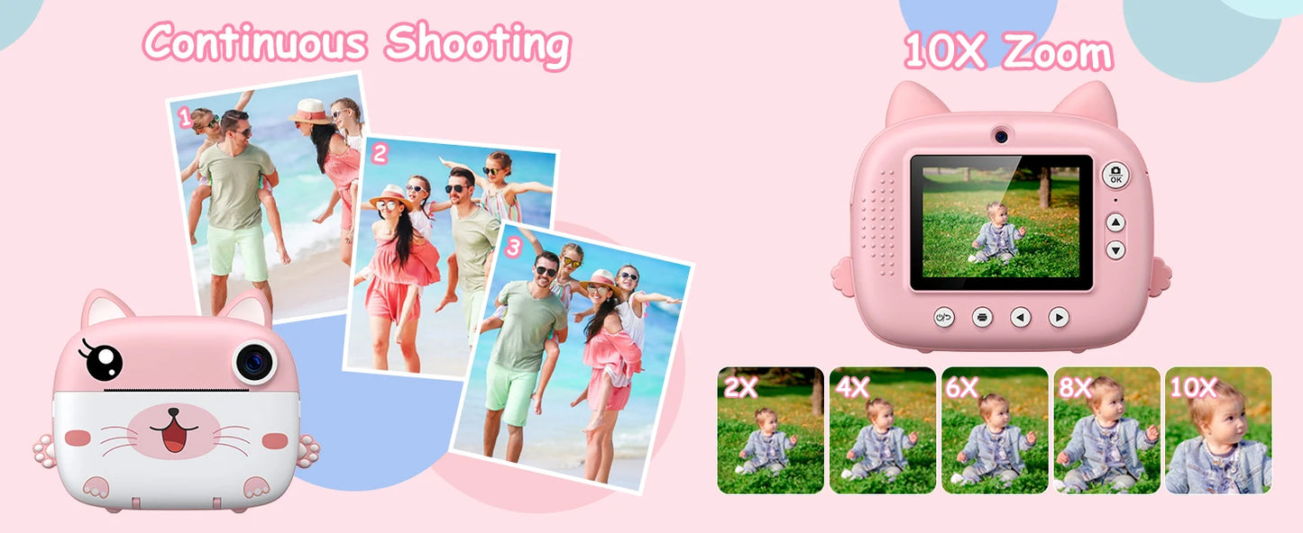 Kids Instant Print Camera 2.4 Inch 1080P Digital Camera Portable Cartoon Video Camera With 32GB Card & 5 Color Pens