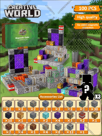 Magnetic Building Blocks Mine World Magnet Cube Set STEM Montessori Sensory Toy for Kids Boys Girls Ages 3+ DIY Model Children