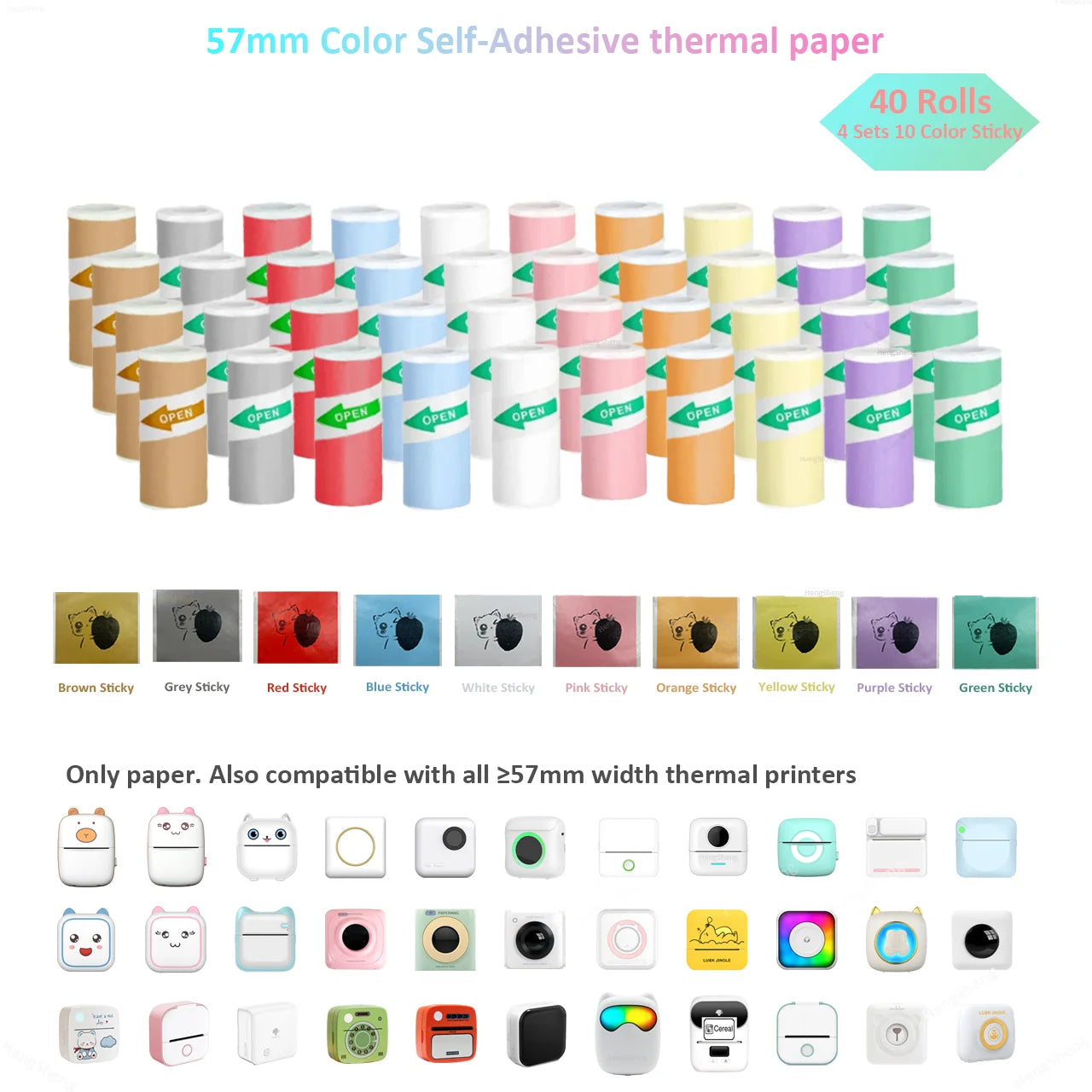 Color Label Sticker Mini Printer Thermal Paper 57mm 10ft Self-adhesive Thermal Printing Paper For Inkless Printing Photo Picture