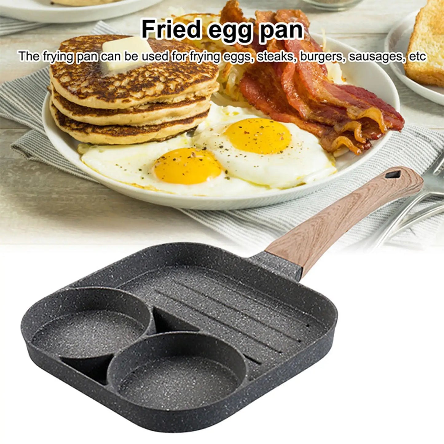 Egg Frying Pan Non Stick 3-Cup Burger Steak Pancake Sausage Omelet Breakfast Cooker Pan with Long Handle Cooking Tool