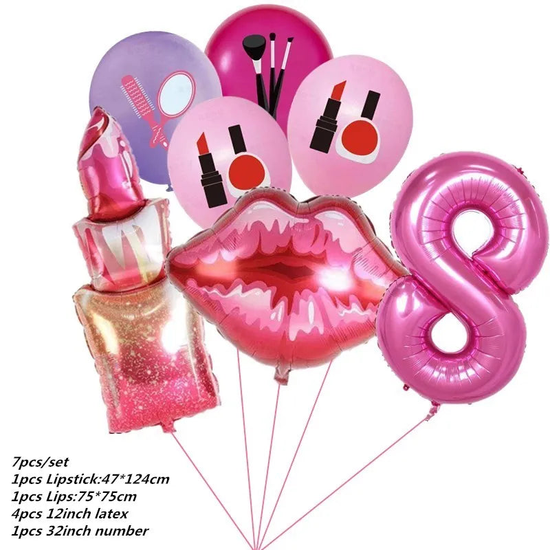 Make Up Theme Birthday Disposable Tableware Paper Plate Cups For Spa Makeup Girl Party Lipstick Red Lips Balloon Valentines Gift