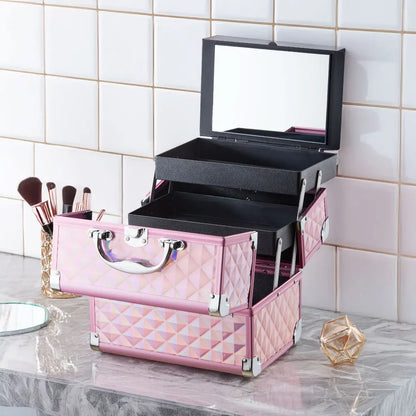 Modishion Professional Makeup Case Portable Makeup Case 2 Trays with Mirror Makeup Tool Storage Box Travel Makeup Case