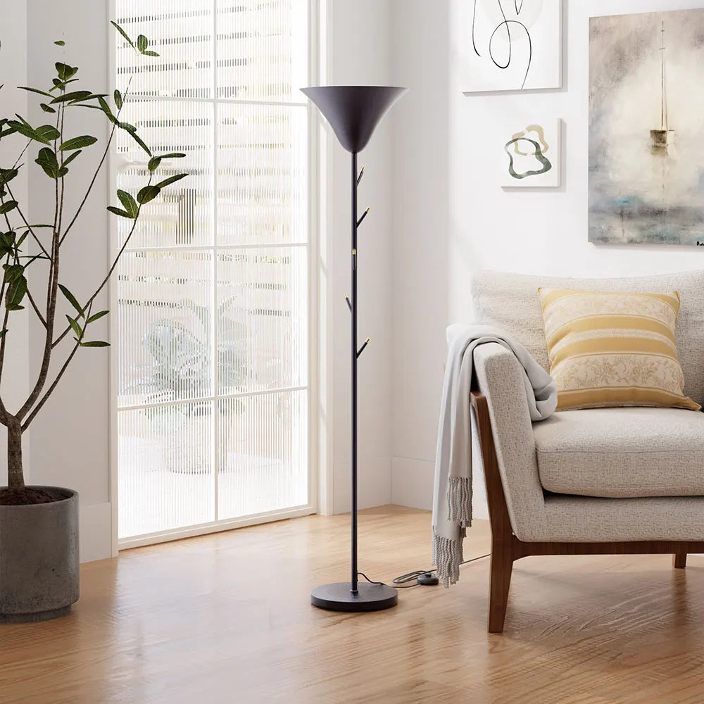 KOMORE Modern Black E14 1-Light Floor Lamp with Coat Rack for Living Room Office, Bedroom, Hallway, Porch