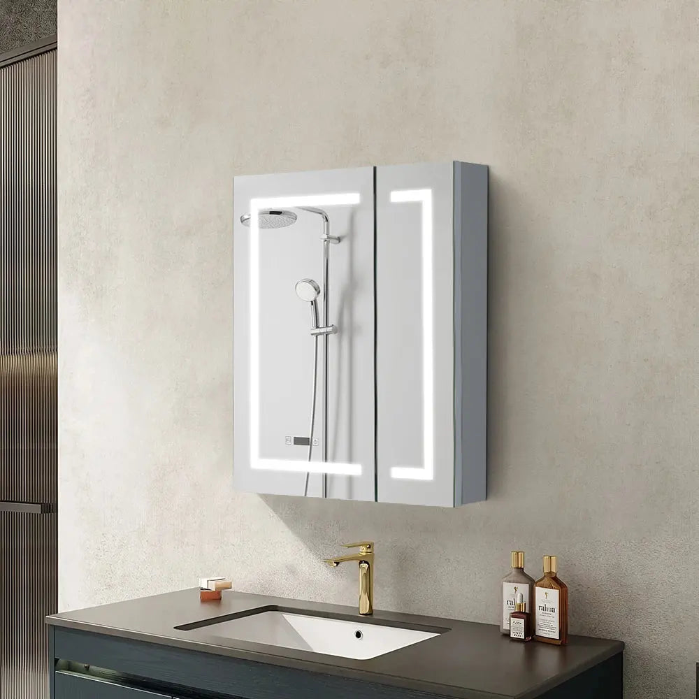 KOMORE Frameless 2-Door LED Mirror Cabinet with Clock Display & 3 Lighting Modes & Defogger Function & IP44 Waterproof