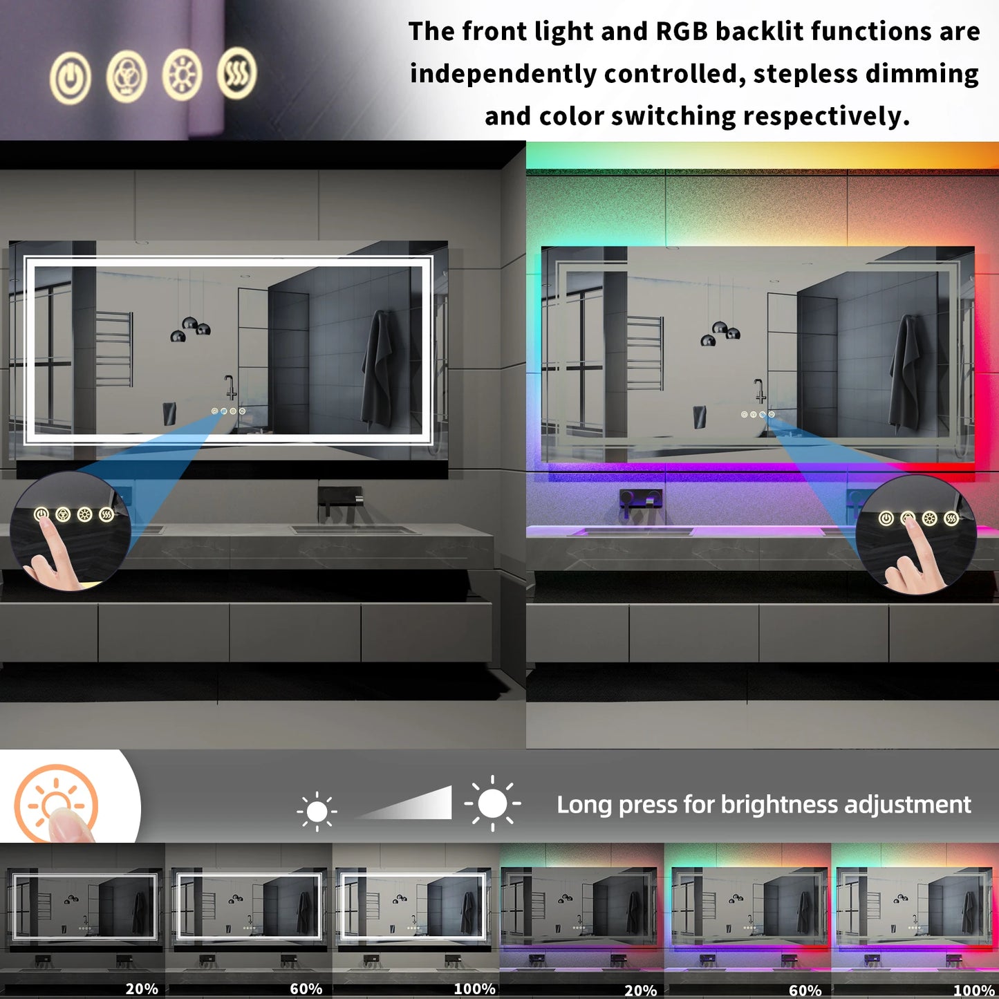 Large Full Size RGB LED Bathroom Mirror with Lights, Dimmable Wall Mirrors, Smart Anti-Fog, Vertical and Horizontal