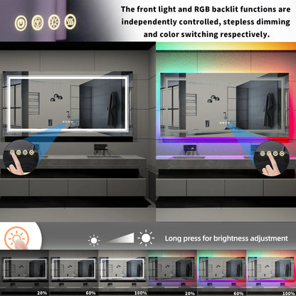 Large Full Size RGB LED Bathroom Mirror with Lights, Dimmable Wall Mirrors, Smart Anti-Fog, Vertical and Horizontal