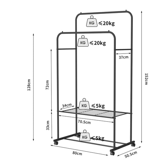 Heavy Metal Double Clothes Rail Hanging Rack, Garment Display Stand, Storage Shelf, Rolling Closet Organizer