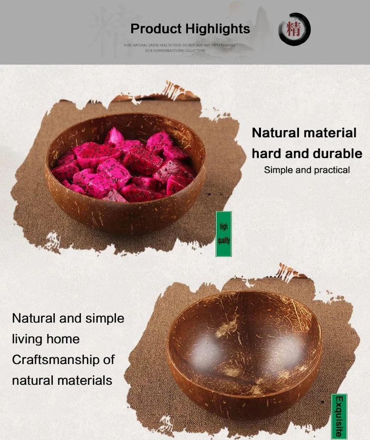 Natural Coconut Bowl Dinner Set for Women, Handmade Wooden Tableware, Wood Spoon, Dessert Fruit Salad, Mixing Rice Ramen Bowl, 1