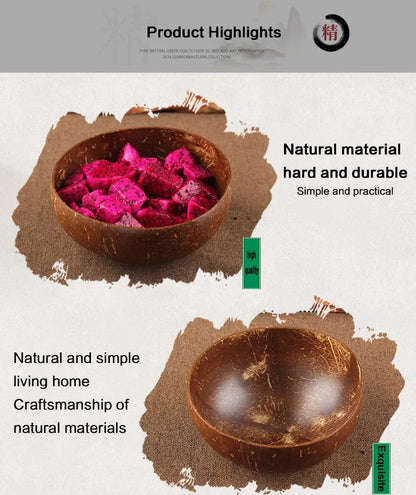 Natural Coconut Bowl Dinner Set for Women, Handmade Wooden Tableware, Wood Spoon, Dessert Fruit Salad, Mixing Rice Ramen Bowl, 1