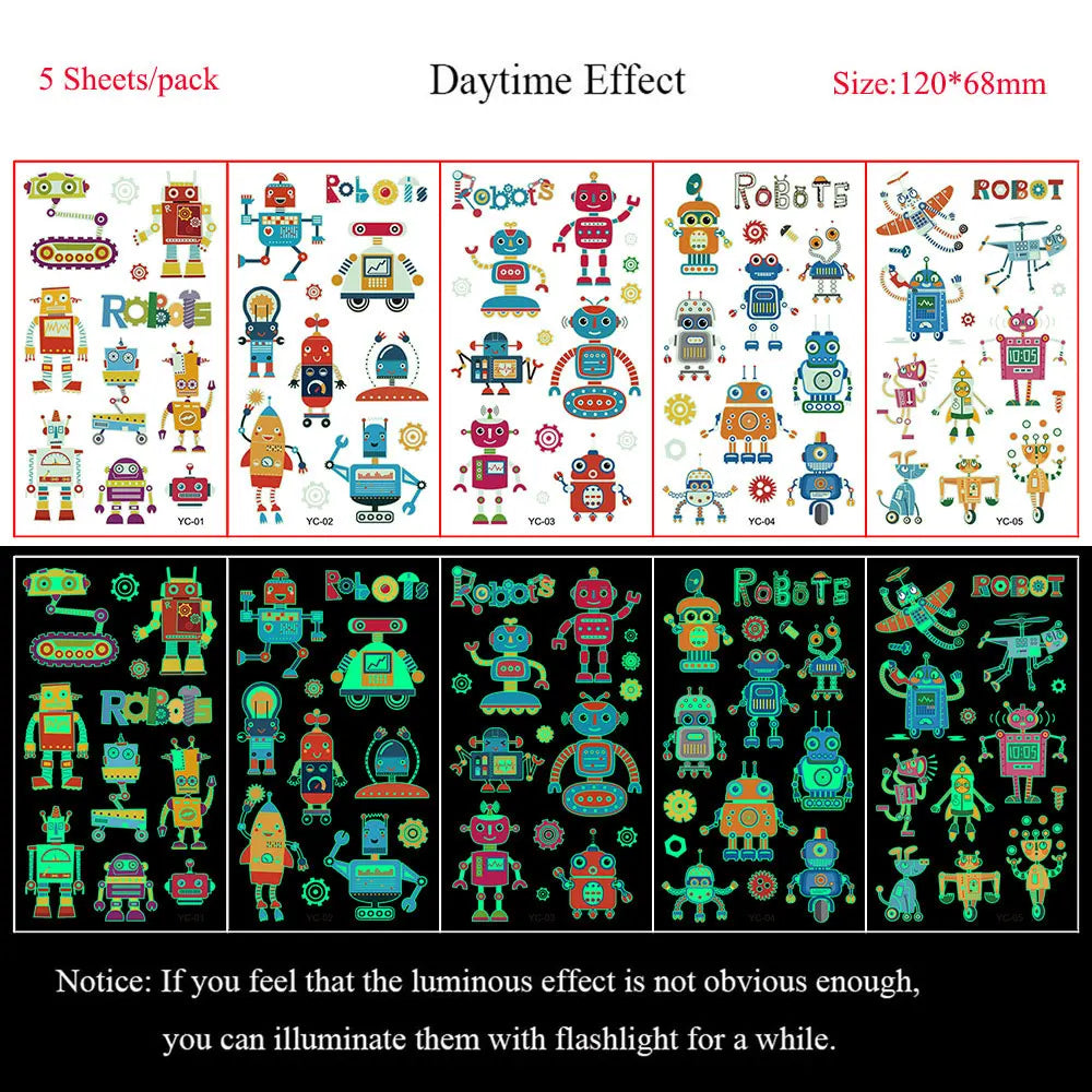 5 Sheets Luminous Tattoo Stickers Colorful Animal Mermaid Dinosaur Temporary Tattoos for Hand  Body Fake Tattoo Waterproof