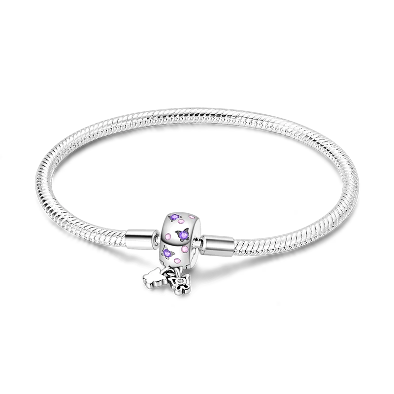 925 Sterling Silver Charm Bracelet - Leaf, Clover, Butterfly & Heart Design | 17-20cm Adjustable