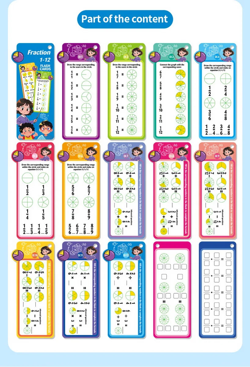 1Set(15pcs) Math Addition Subtraction Multiplication Division Fraction Erasable Reusable Number Learning Cards Teaching Tools