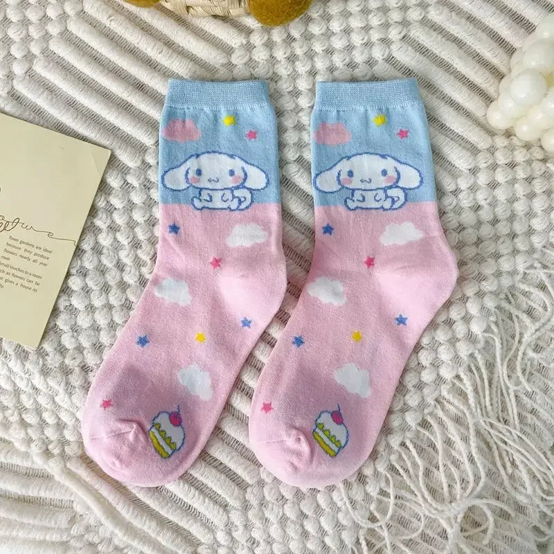 1pair Miniso Cinnamoroll Cartoon socks girl's blue combed cotton mid-tube stockings cute sanrio puppy stockings