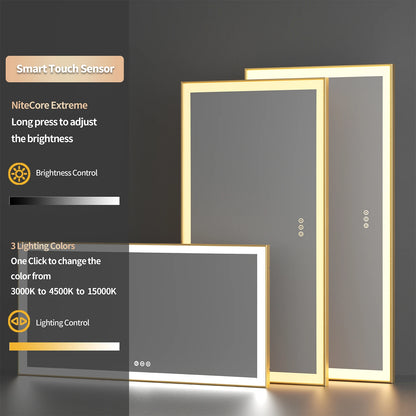 Gold Lighted Bathroom Mirror Rectangular Large LED Lighted Bathroom Mirror Gold Aluminum Frame with Front-lit Adjustable