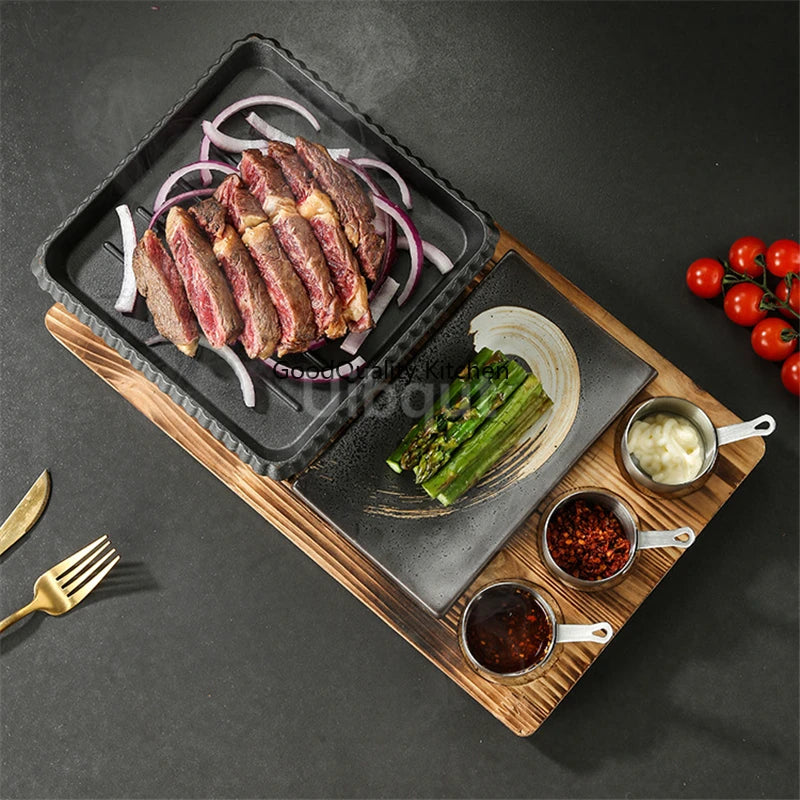 Dining room single and double tableware Cast iron barbecue plate Square alcohol oven baking tray Korean style barbecue stove set