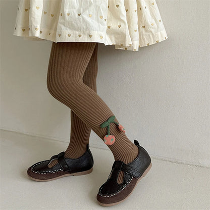 Girls Cotton Tights with Cherry Pattern - Soft Pantyhose for Kids Ages 2-10 Years