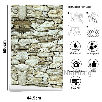 6M 3D Coffee Stone Brick Effect Wallpaper Vinyl Self Adhesive Wall Stickers