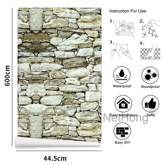 6M 3D Coffee Stone Brick Effect Wallpaper Vinyl Self Adhesive Wall Stickers