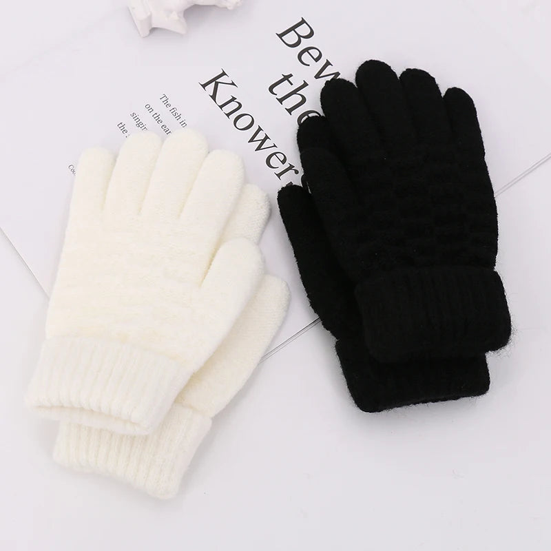 Winter Children Knitted Gloves Thick Woolen Kids Five Fingers Glove 8-15year Boy Girl Baby Hand Warmer Black White Fleece Mitten