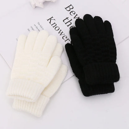 Winter Children Knitted Gloves Thick Woolen Kids Five Fingers Glove 8-15year Boy Girl Baby Hand Warmer Black White Fleece Mitten