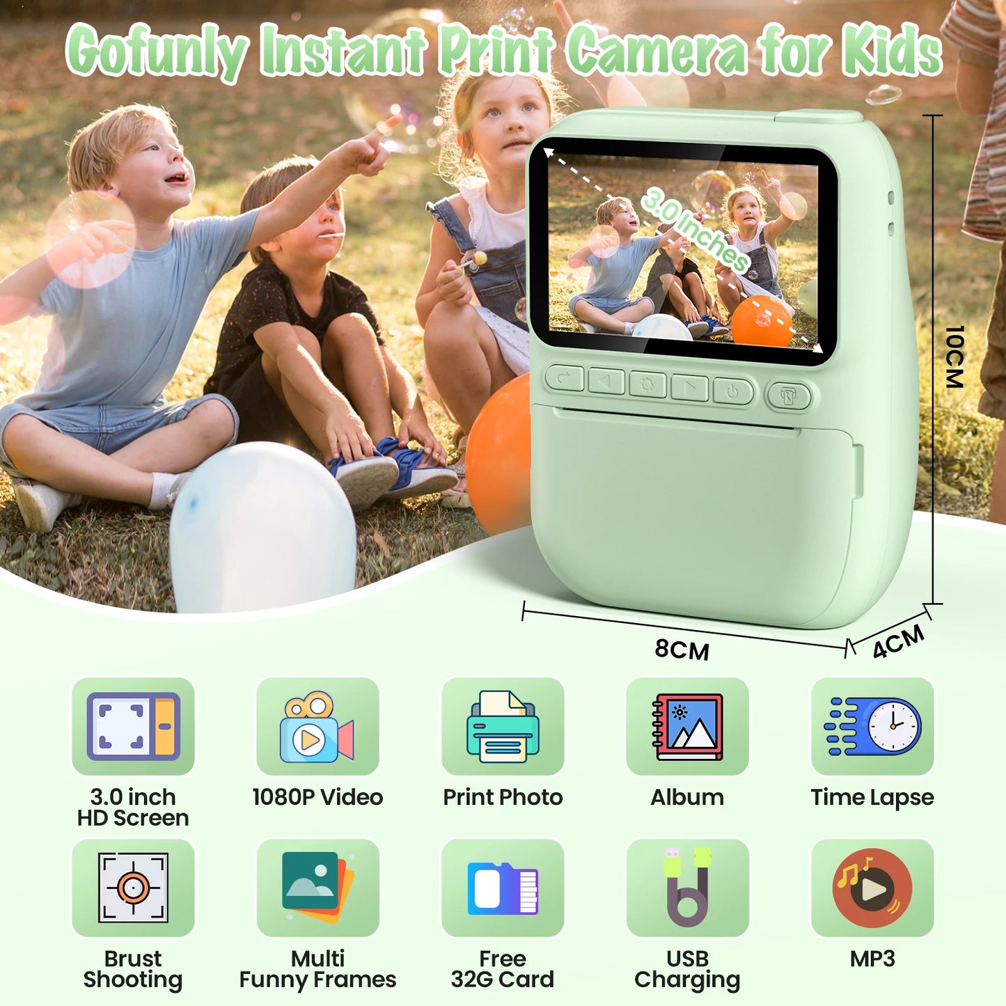 Gofunly Kids Instant Print Camera 3.0" Mini Digital Camera 1080P Portable Video Recorder Gift For 6-12 Years Children