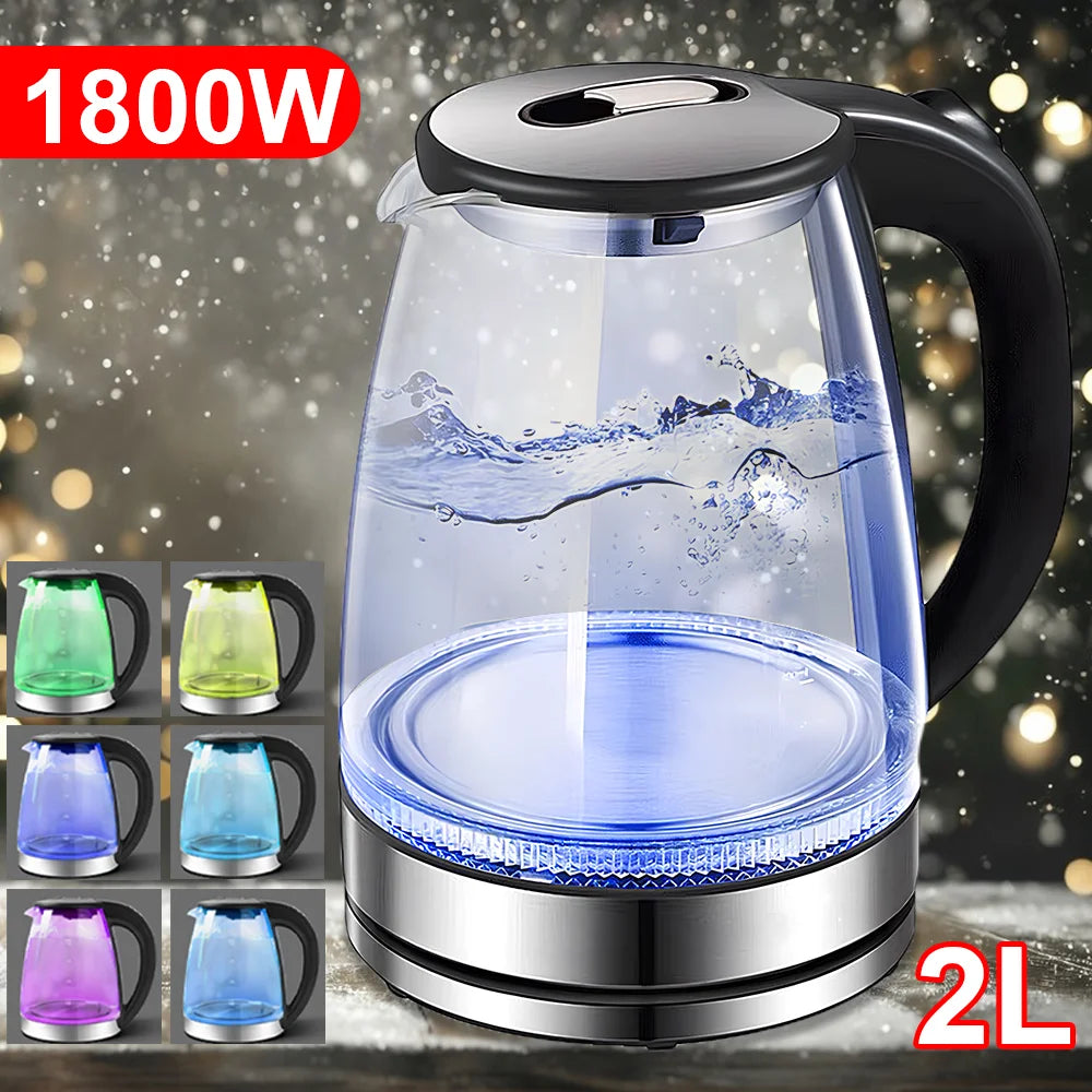 2L 1800W Electric Kettle Glass Fast Boil  Blue LED household appliance With Stainless Steel Fast Boiling Portable Jug Security