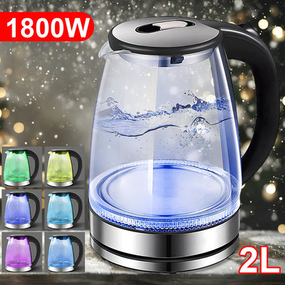 2L 1800W Electric Kettle Glass Fast Boil  Blue LED household appliance With Stainless Steel Fast Boiling Portable Jug Security