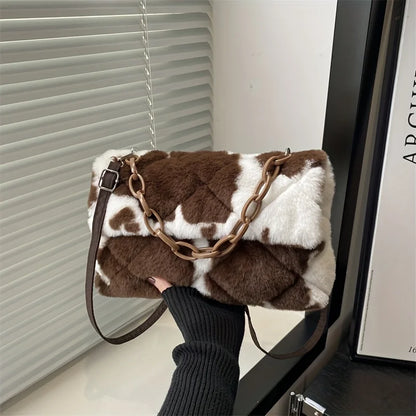 Korean Style Leopard Print Plush Crossbody Handbag for Women - Autumn Winter Fashion Bag