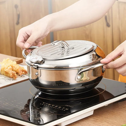 Japanese Deep Fryer With Thermometer and Lid 304 Stainless Steel Kitchen Tempura Fryer Pan Fryer Without Oil Frying Pan Fryer