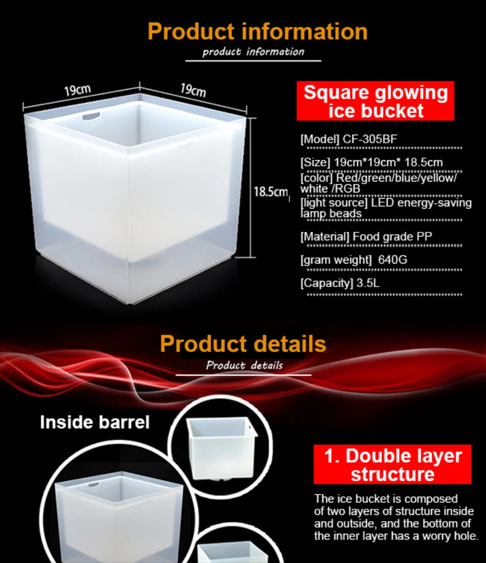 LED Ice Bucket 3.5L Colorful Cooler Bucket Double Layer Square Ice Tray Bar Nightclub Light Up Champagne Whiskey Beer Bucket