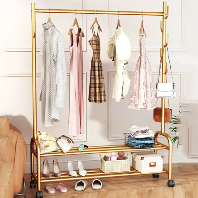 Aesthetic Golden Clothes Rack Metal Balcony Nordic Wheels Clothes Rack Floor Bedroom Burro Ropa Perchero Hallway Furniture
