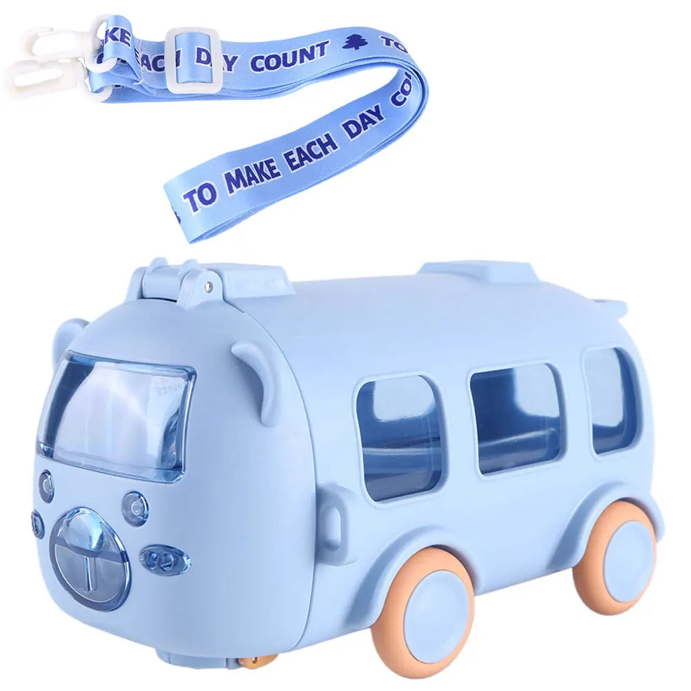 500ML Bus Shape Cartoon Water Cup with Movable Wheels & Strap Plastic Drinking Bottle Leakproof for Home Travel School