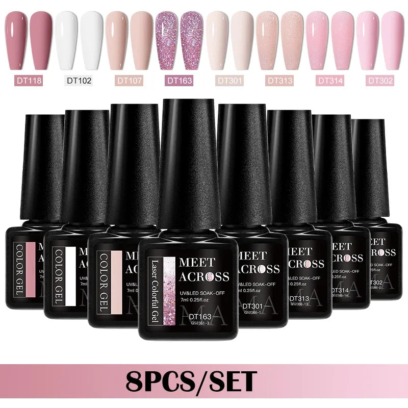 MEET ACROSS 8-teiliges Gel-Nagellack-Set für alle Jahreszeiten, Neon-Marcaron-Grün-Rot-Serie, UV-Gel-Lack-Maniküre-Set, Nagelzubehör