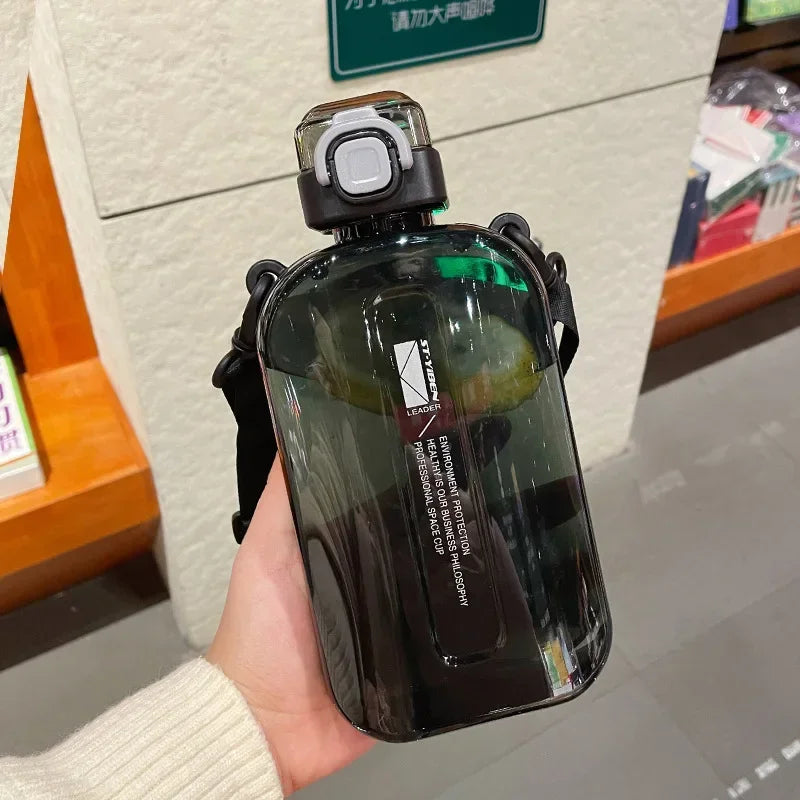 Flat Square Transparent Water Bottle Portable Travel Canteen with Adjustable Strap Elegant Slim Bottle for Sport Camping