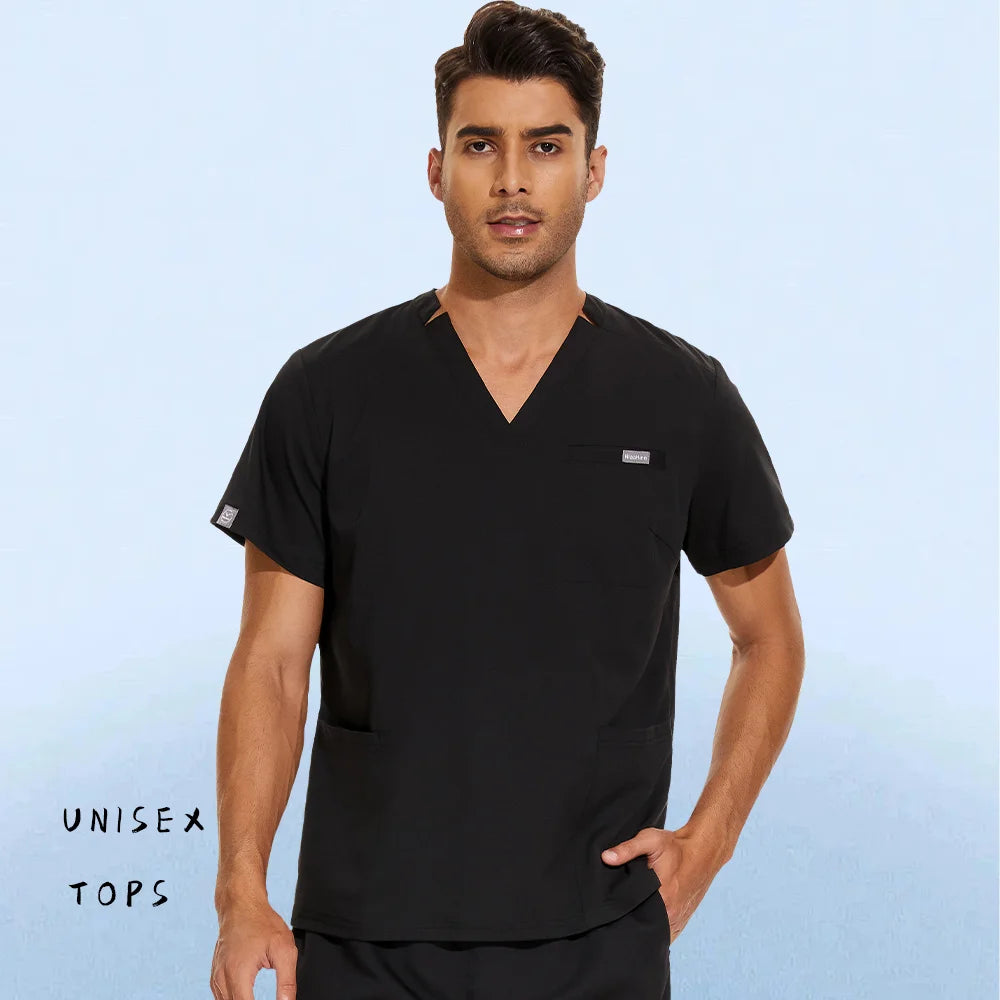 Hospital Nursing Uniform Surgery Scrubs Tops Women Short Sleeved Shirts Dental Clinic Workwear Nurse Blouse Doctor Clothes Black