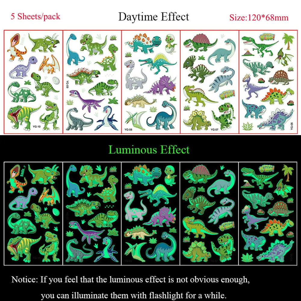 5 Sheets Luminous Tattoo Stickers Colorful Animal Mermaid Dinosaur Temporary Tattoos for Hand  Body Fake Tattoo Waterproof