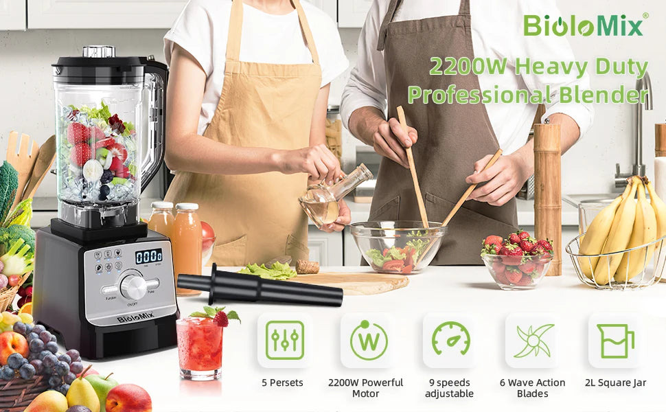 BioloMix Professional Blender Smoothie Mixer with 2L BPA Free Pitcher, Smart Timer And Pre-programed Peak 2200W Power Mixer