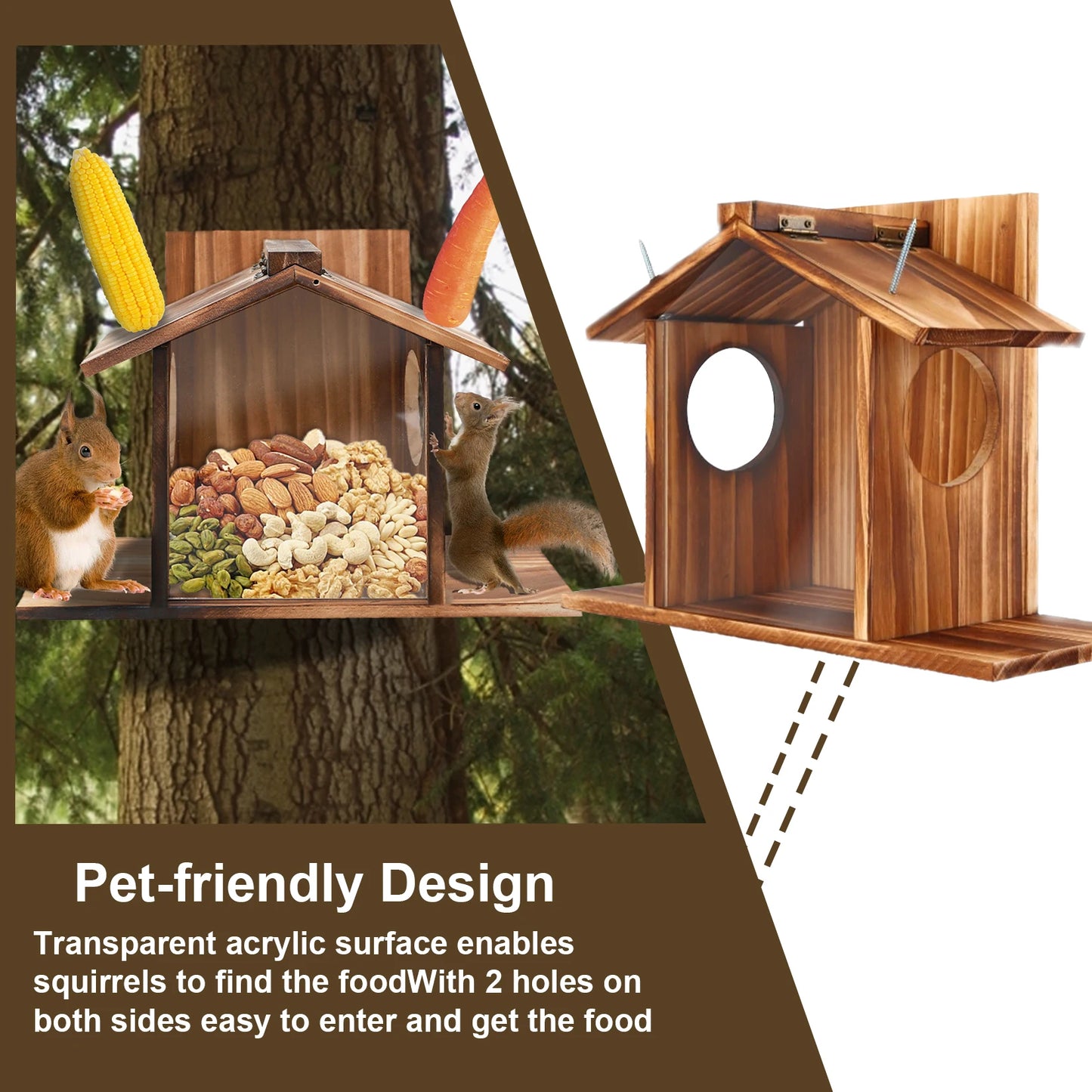 Carbonized Wood Squirrel Feeder for Outside Winter Durable Chipmunk House Box
