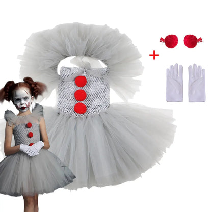 80s 90s Clown Tutu Dress with Gloves Hair Pin Pennywise Role Play Joker Costume Halloween Creature It Cosplay Girls Doll Cosplay