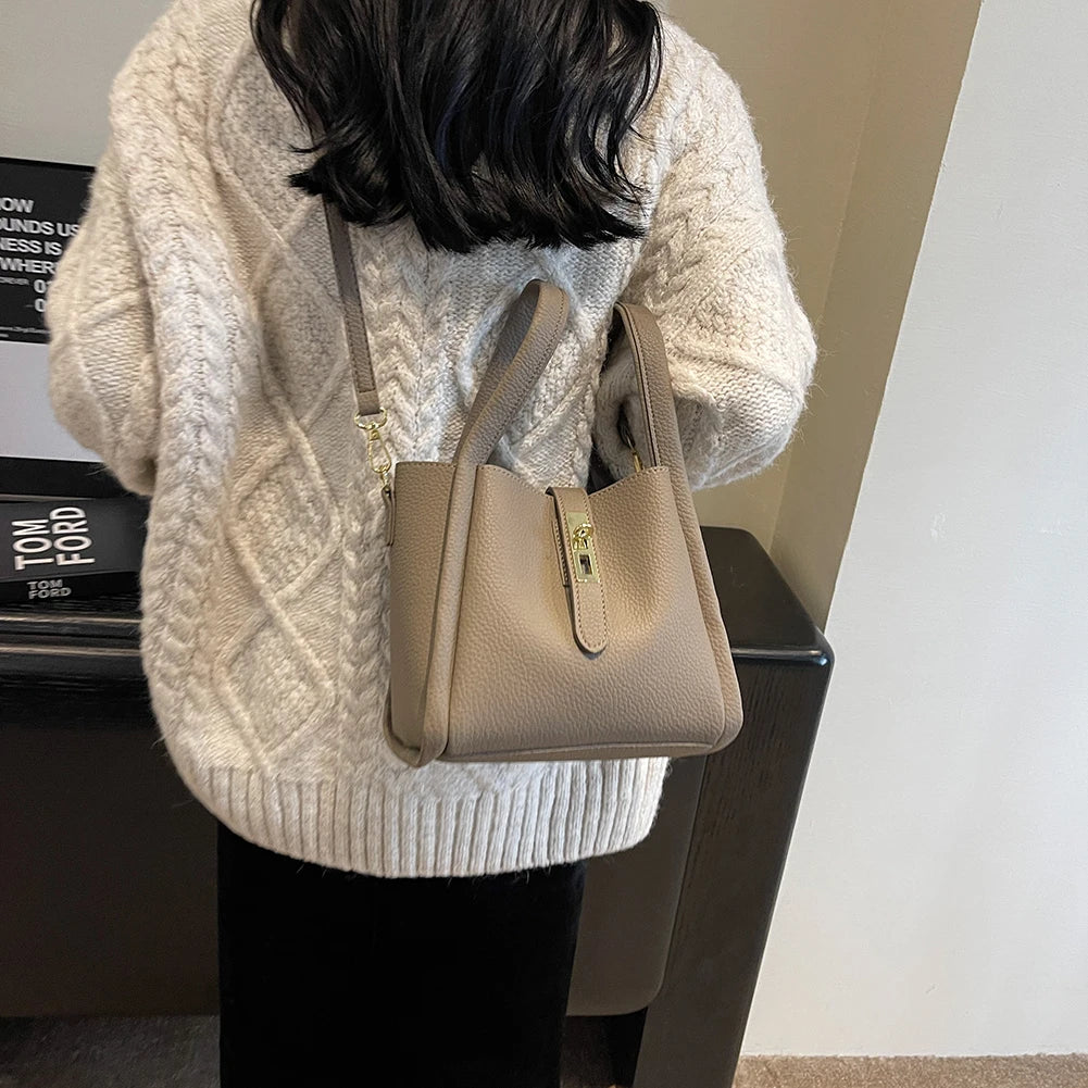 Luxury PU Leather Bucket Bag for Women Large Capacity Handbag with Inner Bag Double Handle Magnetic Closure Shoulder Bag Satchel