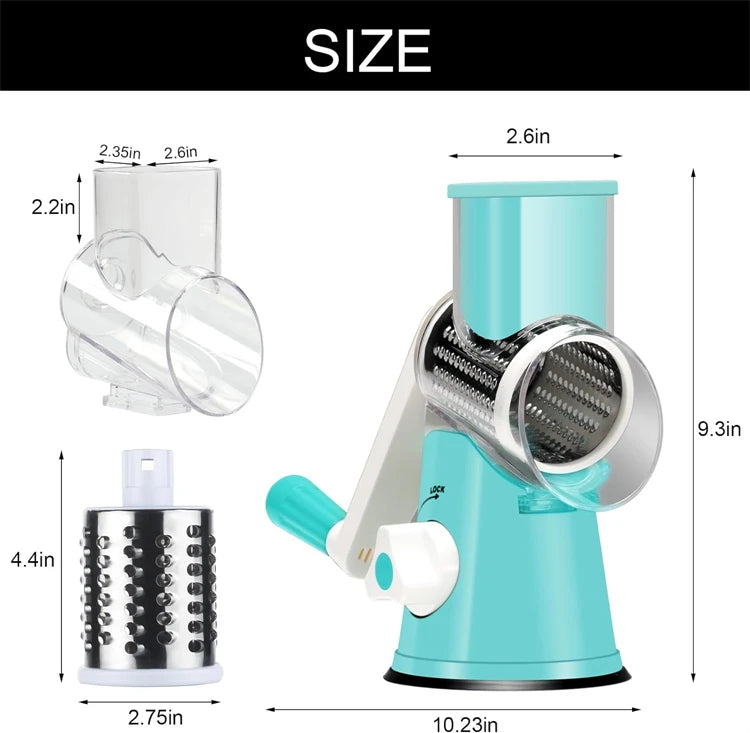 Manual Rotary Cheese Grater Shredder Kitchen Mandoline Vegetable Slicer with 3 Replaceable Stainless Steel Drum Blades YY001