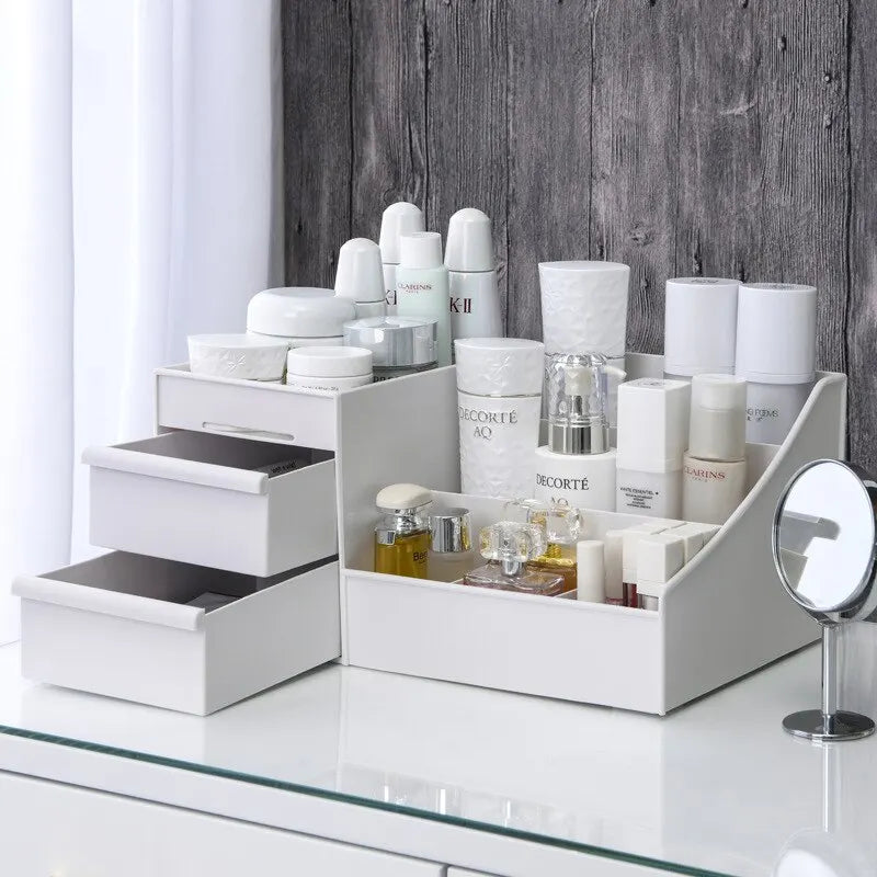 White Makeup Organizer with Drawers - Cosmetic Storage Box for Vanity & Dressing Table