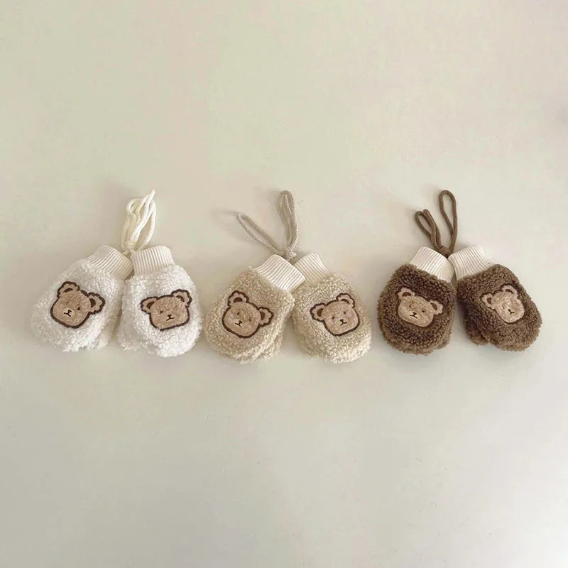 Lamb Fleece Baby Plush Mittens Cute Bear Kids Hanging Neck Glove 1-4Year Boy Girl Children Winter Full Finger Gloves Hand Warmer